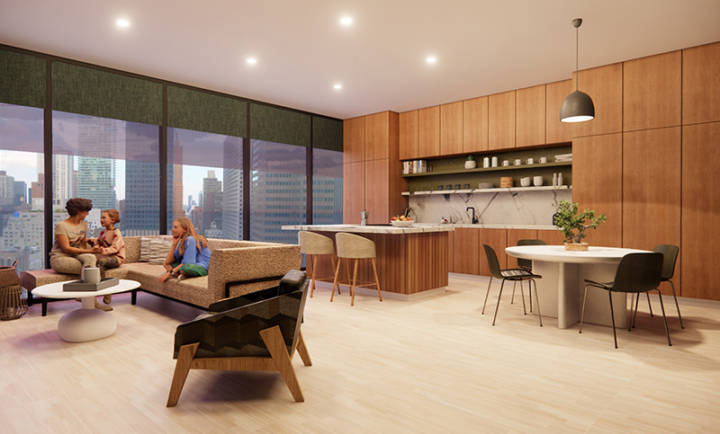 A mockup of an apartment kitchen and living space made by, NYSID BFA Student, Vincenza Lampon.